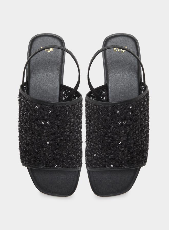 Styli Black Sequin Flat Sandals - Image 5